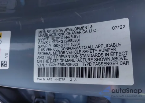 2022 Honda Accord Sport z USA, uszkodzony, nr VIN 1HGCV1F36NA064603